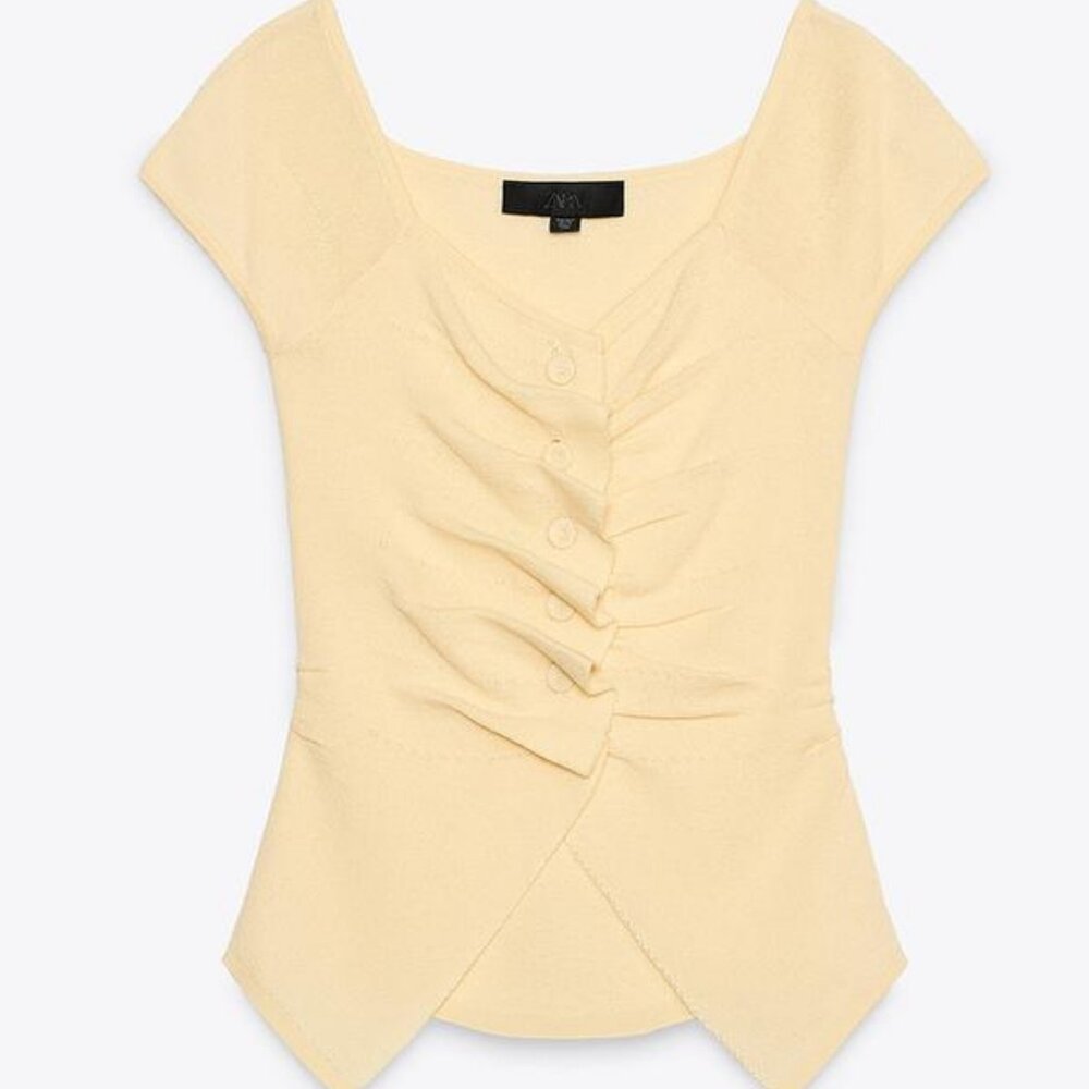 ZARA Pale Yellow Ruched Knit Button Top | M | NWT - Picture 2 of 9